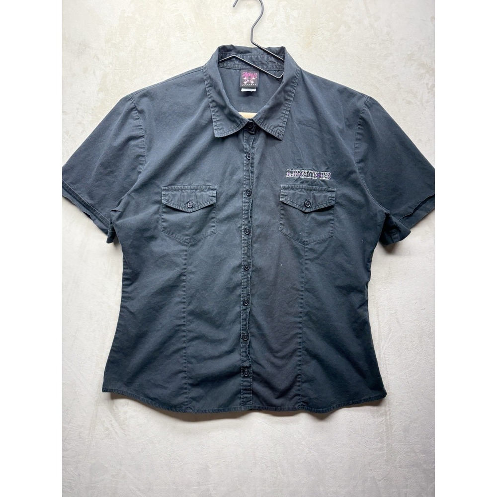 VTG Y2K Lucky 13 Mechanic Shirt Women XL Black Short Sleeve Button Work Tattoo
